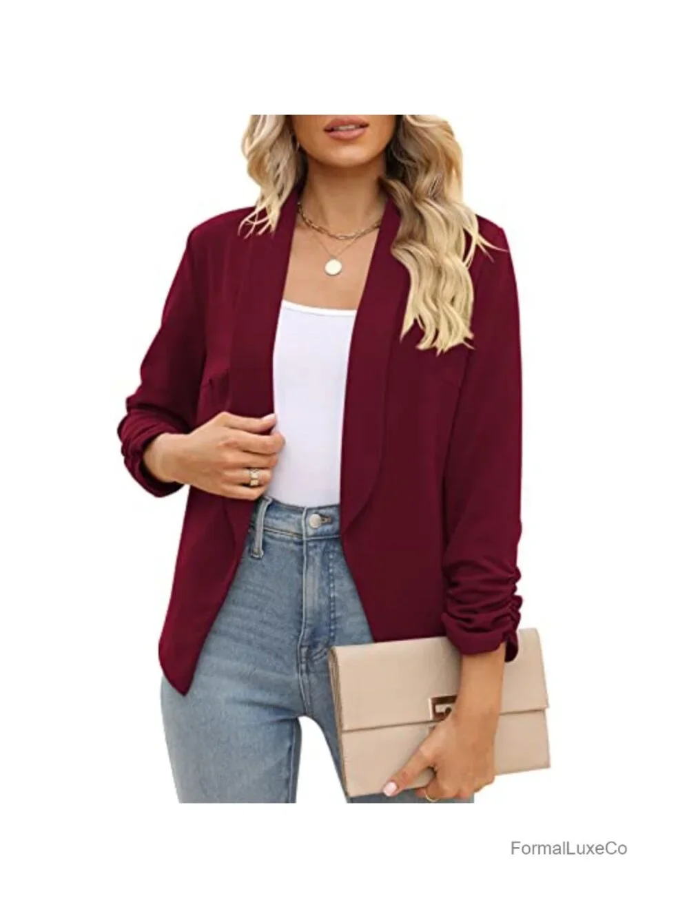 Women's Open Front Blazer 3/4 Ruched Sleeve Business Casual Work Office Jacket
